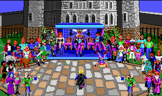 Hamburger Tree is being celebrated in the castle courtyard. All the characters previously seen in the game are crowded around. The Baron and his children stand in a blue pavilion in the middle, while Hamburger Tree bows to them. 