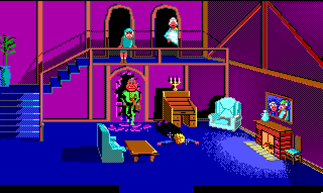 Interior of a nice looking home, lit by a fireplace. A staircase leads up to two doors on a second level. An elderly couple has emerged from the doors and are staring down at Hamburger Tree, who lies face-down and dazed on the floor. Behind him, a man in green pajamas has burst through a first-story door like he's the Kool-Aid Man. It's unclear what has happened.