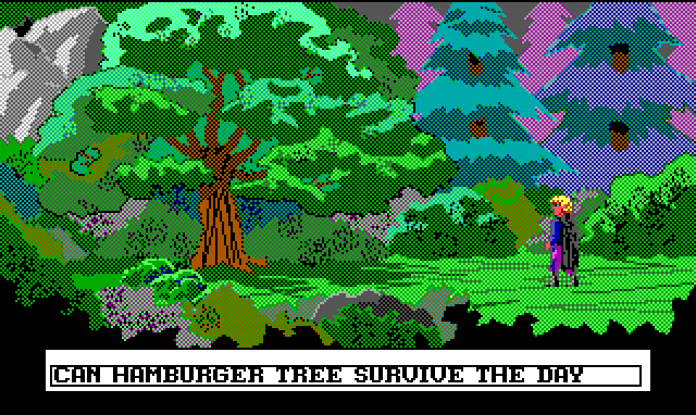 The same tree, but it's now daytime and Hamburger Tree is standing. Input text: "Can Hamburger Tree survive the day?"