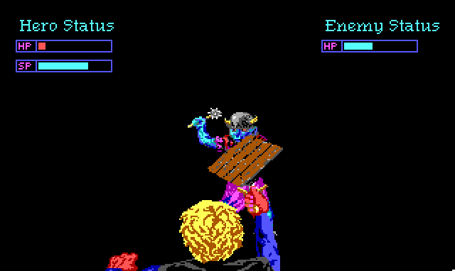 Fight screen. We see the back of Hamburger Tree's head as he stabs at a goblin. Health and status bars at the top show that the goblin is hurt, but Hamburger Tree is nearly dead.