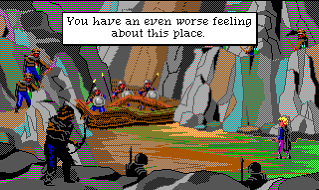 Hamburger Tree stands in a mountain passage blocked by a large fallen tree and several brigands carrying spears and shields. There are also archers lining both sides of the road. Game text: "You have an even worse feeling about this place."