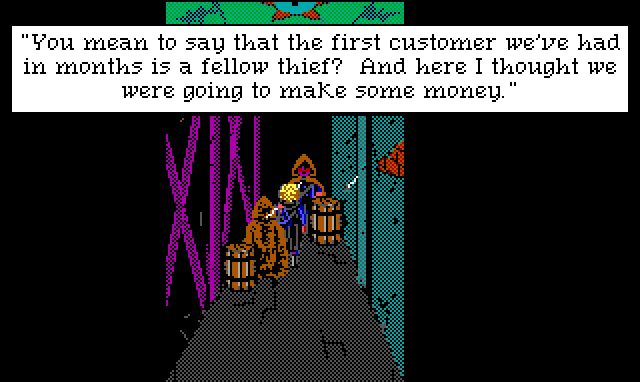 Two cloaked figures surround Hamburger Tree in a dark alleyway. Game text: "You mean to say that the first customer we've had in months is a fellow thief? And here I thought we were going to make some money."