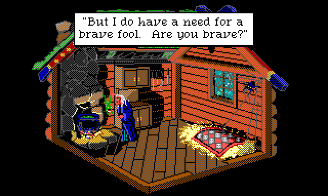 Inside a spooky hut. A white-haired witch in blue robes stands by a bubbling cauldron. A small frog is bouncing frantically in front of her. Game text: "But I do have a need for a brave fool. Are you brave?"