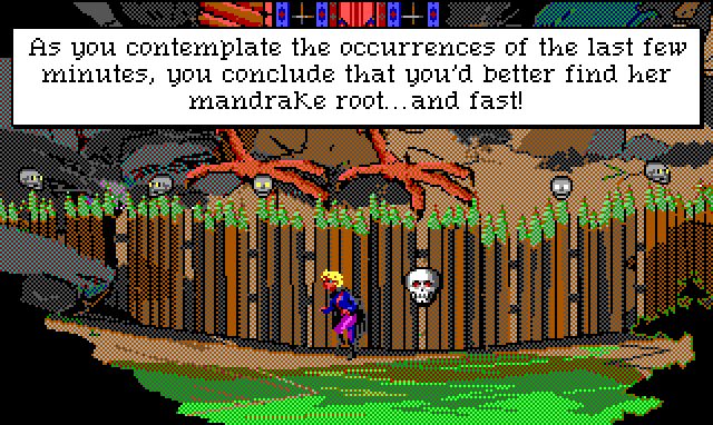 Hamburger Tree, a blonde man in blue-and-purple clothes and a black cloak, stands before an imposing spiked fence with a skull on it. Baba Yaga's chicken hut is visible behind the fence. Game text: "As you contemplate the occurrences of the last few minutes, you conclude that you'd better find her mandrake root... and fast!"