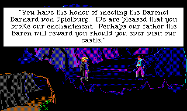 Hamburger Tree faces a fancy-dressed young man in a dank cave. Game text: "You have the honor of meeting the Baronet Barnard von Spielburg. We are pleased that you broke our enchantment. Perhaps our father the Baron will reward you should you ever visit our castle."