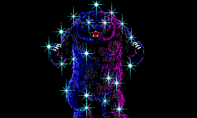 Close-up of a huge bear, lit in purple and blue, covered with shiny blue sparkles.