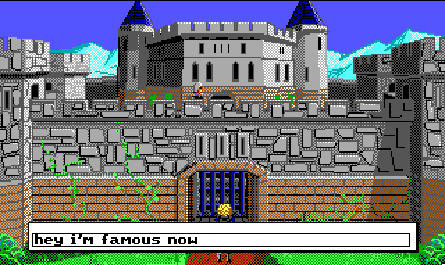 Hamburger Tree stands before an imposing castle wall with a guard stationed on top. Input text: "hey I'm famous now"