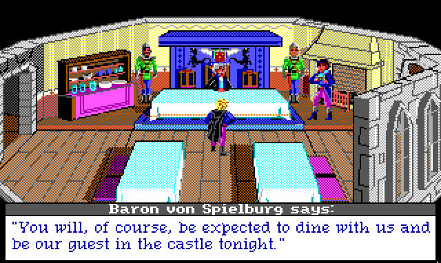 A very fancy man sits on a dais in a fancy banquet hall, flanked by guards. The Baronet stands nearby, and Hamburger Tree stands beneath the dais, bowing. Game text: "Baron von Spielburg says: 'You will, of course, be expected to dine with us and be our guest in the castle tonight.'"