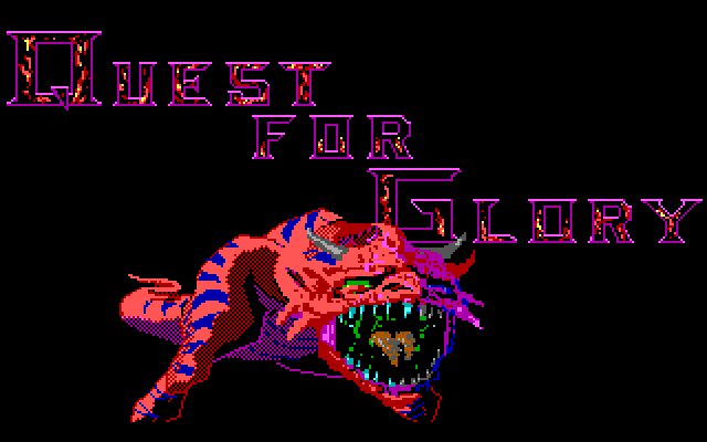 Title screen from Quest for Glory. A fierce dinosaur-like creature roars under the title.