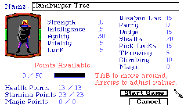 Text heavy screenshot of the character creation screen. A character portrait on the left shows the Thief wrapped in his cloak. A name field reading "Hamburger Tree" is at the top. Stats include: Strength, Intelligence, Agility, Vitality, and Luck. Skills include: Weapon Use, Parry, Dodge, Stealth, Pick Locks, Throwing, Climbing, and Magic. There are options to distribute points. I've put most of mine into Agility and Stealth.