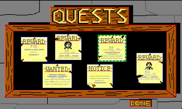 A bulletin board labelled "QUESTS" hangs on a stone wall. Six notices hang on the board, reading "REWARD" or "WANTED."