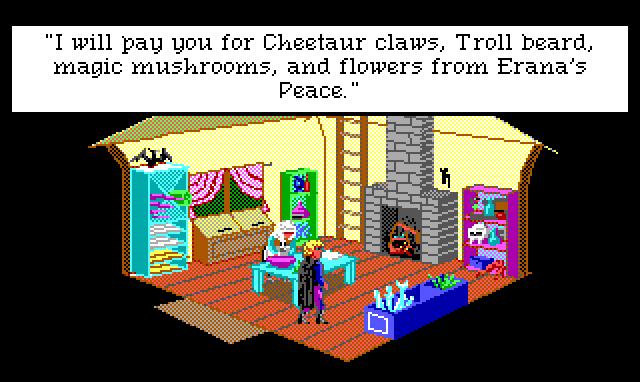 Interior of a small hut. A woman in peasant clothes works at a table and Hamburger Tree stands across from her. Crowded shelves line the room. Game text: "I will pay you for Cheetaur claws, Troll beard, magic mushroom, and flowers from Erana's Peace."