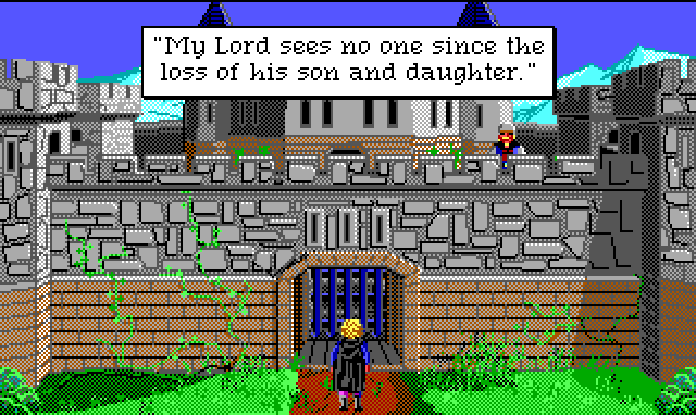 Hamburger Tree stands in front of an imposing castle wall. A guard stands at the top. Game text: "My Lord sees no one since the loss of his son and daughter."