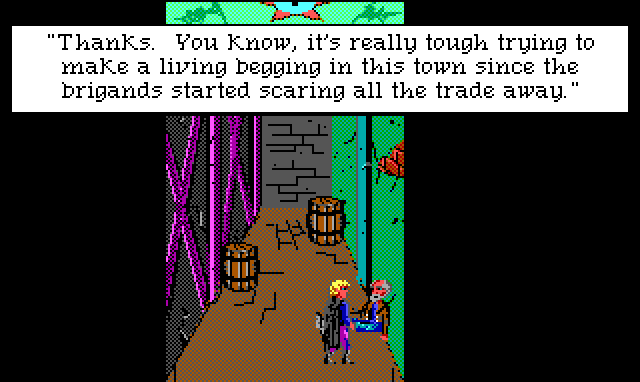 A narrow, run-down alleyway. Hamburger Tree stands talking with a bearded man sitting against a wall. Game text: "Thanks. You know, it's really tough trying to make a living begging in this town since the brigands started scaring all the trade away."