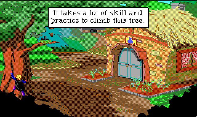 Hamburger Tree is flailing around at the base of a tree next to a thatched-roof cottage. Game text: "It takes a lot of skill and practice to climb this tree."