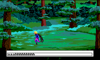 A character in blue shirt, purple pants, and a black cloak runs through a forest. Input text: "aaahhhhh"