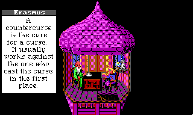 Hamburger Tree sits in a small, garishly pink tower room with a bearded wizard in a long green robe. A cartoon mouse in a wizard hat sits on a windowsill nearby. Game text: "Erasmus: 'A countercurse is the cure for a curse. It usually works against the one who cast the curse in the first place.'"