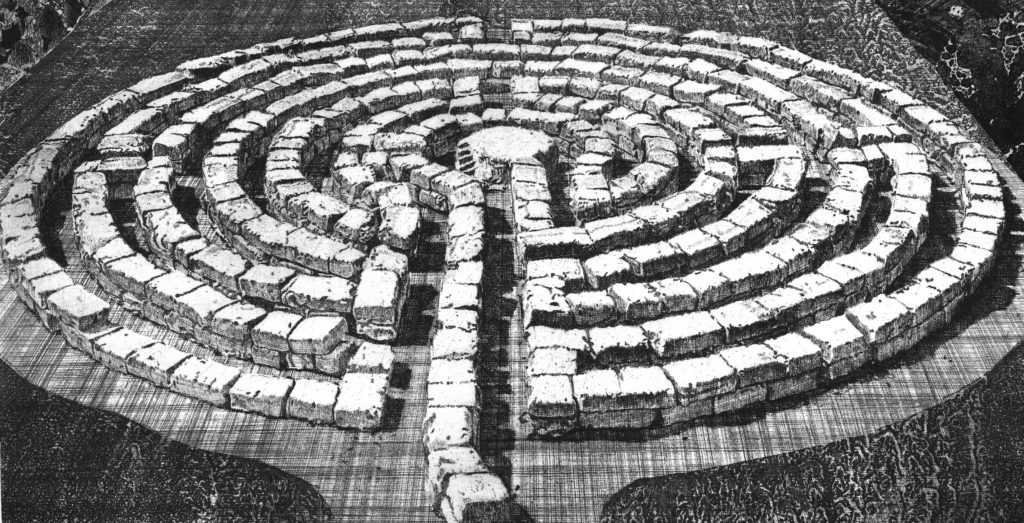 Black-and-white etching of a crumbling stone labyrinth.