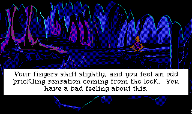 Interior of a dark, creepy cave. A gnome-like creature sits cross-legged on one side. Game text: "Your fingers shift slightly, and you feel an odd prickling sensation coming from the lock. You have a bad feeling about this."